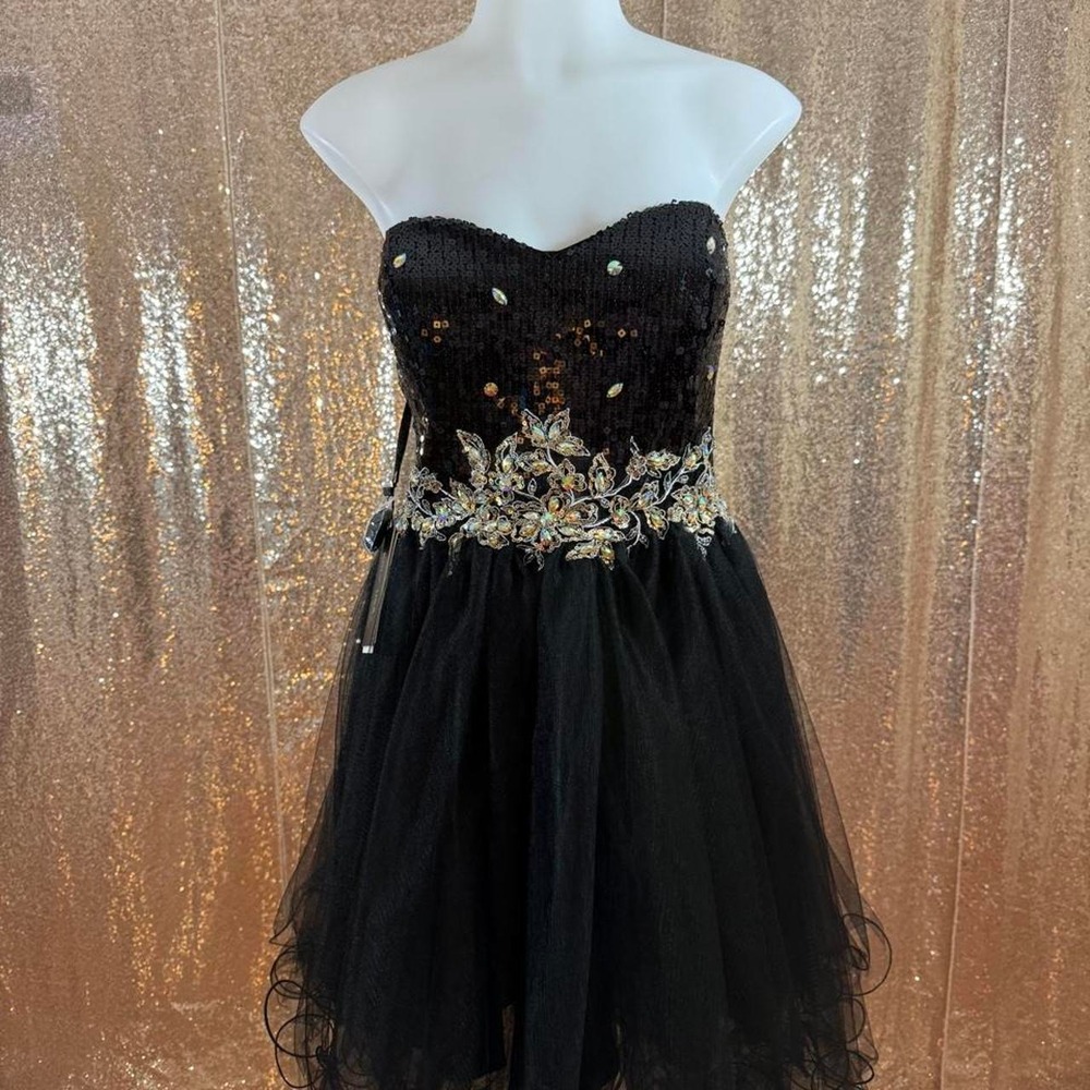 Poly USA Black Sequin Strapless Embellished Tulle Mini HOCO Dress/Size XL